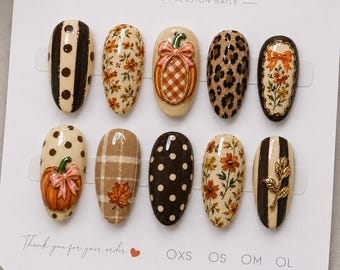 Preppy Pumpkin Press On Nails, Coquette Floral Fall Nails, Gingham Leopard Autumn Nails, Pumpkin Spice Thanksgiving Nails, Dots Halloween