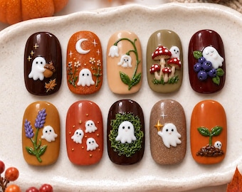 Fall Ghost Press On Nails, 3D Halloween Nails, Autumn Mushroom Nail Set, Cute Ghost Nails, Cottagecore Woodland Nails, Fall Nail Art