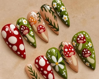 Mushroom Press On Nails, Wildflower Cottagecore Nail, Vintage Floral Nail Art, Fall Woodland Nail, Daisy Flower Fairycore Autumn Nails