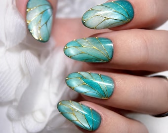 Turquoise Gold Almond Press On Nails, Aqua Teal Gel Nails, Elegant Marble Leaf Vein Design, Handmade Fake Nails, Wedding Summer Nail Set