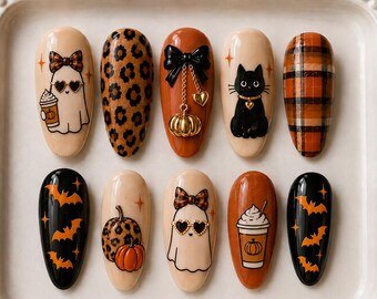 Boo-Jee Leopard Ghost Black Cat Nails, Pumpkin Spice Coffee Nails, Leopard Plaid Fall Nails, Coquette Spooky Autumn Nails, Coffee Girly Nail