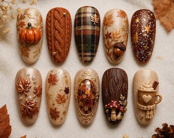 Autumn Press On Nails, Cozy Fall Pumpkin Nails, 3D Sweater Knit Nails, Rustic Plaid Nail Art, Thanksgiving Reusable False Nails