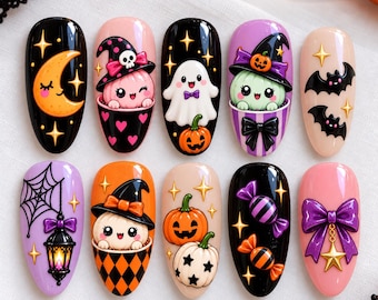 Glitter Halloween Dumpling Press On Nails, Kawaii Spooky Hand-Painted Nails, Witch Pumpkin Nails, Cute Ghost Bat Candy Nail Art, Nail Set