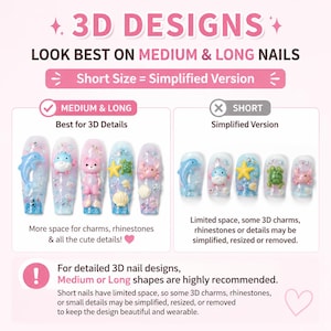 Może przedstawiać: Grafika informacyjna zatytułowana 3D DESIGNS por&oacute;wnująca wzory paznokci. Przedstawia średnie i długie paznokcie ze szczeg&oacute;łowymi zawieszkami 3D, takimi jak delfiny i koty, w kontraście do uproszczonych wersji dla kr&oacute;tkich paznokci z mniejszą ilością miejsca.