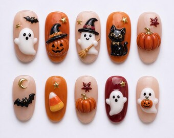 Handmade Kawaii Halloween Press On Nails, Cute Ghost Pumpkin Nails, 3D Black Cat Bat Witch Nails, Spooky Cute Fall Nail Set