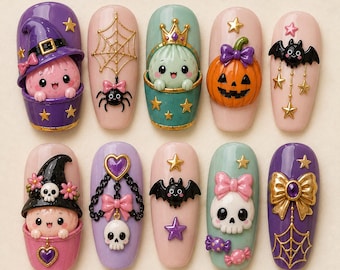 Kawaii Dumpling Halloween Nails, Cute Dumplings Pumpkin Witch Nails, Glitter Spooky Dumplings Nails, Magic Bat Gold Pastel nails, Girly Nail