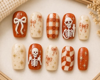 Retro Halloween Skeleton Press On Nails, Funny Skeleton Bow Nails, Cute Spooky Fall Nails, Girly Halloween Reusable False Nails