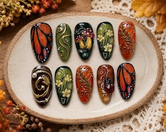 Fall Cottagecore Press On Nails, Mushroom Ladybug Butterfly Nails, Woodland Floral Nail Art, Autumn Green Orange 3D Nails