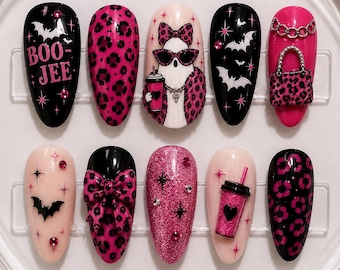 Pink Leopard Ghost Coffee Press On Nails, 3D Ghost Nails, Leopard Bow Nails, Coffee Lover Nails, Gold Accent Fall Nails, Girly Halloween