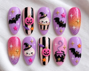 Spooky Dumpling Halloween Press On Nails, Kawaii Witch Nails, Glitter Halloween Nails, Cute Bat Pumpkin Nails, 3D Halloween Nail Art