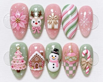 Christmas Press On Nails, Blush Pink Sage Green Nails, Cute Gingerbread Reindeer Snowman Nails, 3D Holiday Nails, Candy Cane Christmas Nails