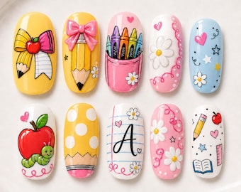 Personalized Initial Pencil Bow Nails, Apple Nails, School Supplies Hand-painted Nails, Custom Teacher Studen name Nails, Pink Yellow Kawaii