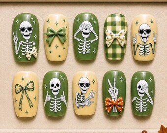 Retro Halloween Funny Skeleton Bow Nails, White Halloween Skeleton Outline Nails, Spooky Halloween Coquette Nails, Distressed Skeleton Nails