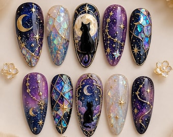 Handmade Moonlit Stained Glass Press On Nails, Black Cat Moon Nails, Celestial Galaxy Nails, Mystic Starry Night Fantasy Nails