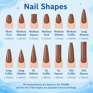 Może przedstawiać: Wykres zatytułowany Nail Shapes przedstawiający czternaście brązowych kształt&oacute;w paznokci z etykietami takimi jak Short Oval, Medium Almond, Medium Square, Medium Oval, Medium Stiletto, Medium Coffin, Long Almond, Long Coffin, Long Stiletto, XL Stiletto, XL Coffin, XL Square, XXL Coffin i XXL Square z wymiarami w milimetrach.