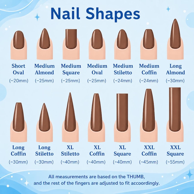 Może przedstawiać: Wykres zatytułowany Nail Shapes przedstawiający czternaście brązowych kształt&oacute;w paznokci z etykietami takimi jak Short Oval, Medium Almond, Medium Square, Medium Oval, Medium Stiletto, Medium Coffin, Long Almond, Long Coffin, Long Stiletto, XL Stiletto, XL Coffin, XL Square, XXL Coffin i XXL Square z wymiarami w milimetrach.