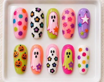 Preppy Ghost Halloween Colorful Leopard Nails, Doodle Pumpkins Ghost Movies Nails, Retro Spooky Season Glitter Coquette Nails, Girly Nails