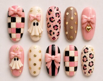 Pink Ghost Press On Nails, Girly Halloween Nails, 3D Bow Nails, Leopard Checkerboard Nails, Gold Polka Dot Spooky Nails