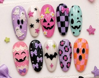 Cute Jack O Lantern Press On Nails, Doodle Pumpkins Girly Nails, Retro Spooky Season Boutique Coquette Nails, Colorful Pumpkin Fall Nail Art