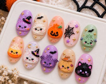 Halloween Dumpling Press On Nails, Spooky Dumpling Nails, Glitter Halloween Nails, Cute Halloween Nails, Coquette 3D Nail Art