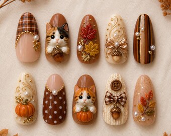 Fall Cat Press On Nails, Autumn Pumpkin Acorn Nails, 3D Kitten Nail Art, Maple Leaf Plaid Nails, Cozy Cottagecore Thanksgiving Nails