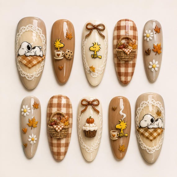 Cozy Autumn Bird Press On Nails, Fall Picnic Nails, Coffee & Cookie Nail Set, Neutral Brown Plaid Nails, Cottagecore 3D Press On Nails