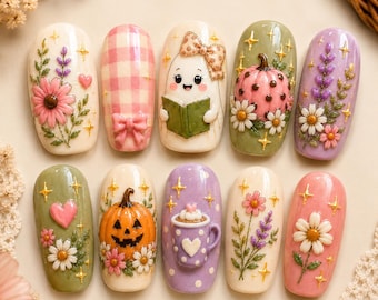 Cottagecore Holy Ghost Hand-painted Press On Nails, Christian Halloween Nails, Wildflower Floral Fall Nails, Pumpkin Ghost Handmade Nail