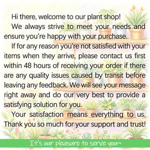 May include: A digital graphic featuring a light-colored wooden shelf filled with various potted green plants. The text reads: Hi there, welcome to our plant shop! We always strive to meet your needs and ensure you're happy with your purchase. If for any reason you're not satisfied with your items when they arrive, please contact us first within 48 hours of receiving your order if there are any quality issues caused by transit before leaving any feedback. We will see your message right away and do our very best to provide a satisfying solution for you. Your satisfaction means everything to us. Thank you so much for your support and trust! It's our pleasure to serve you~