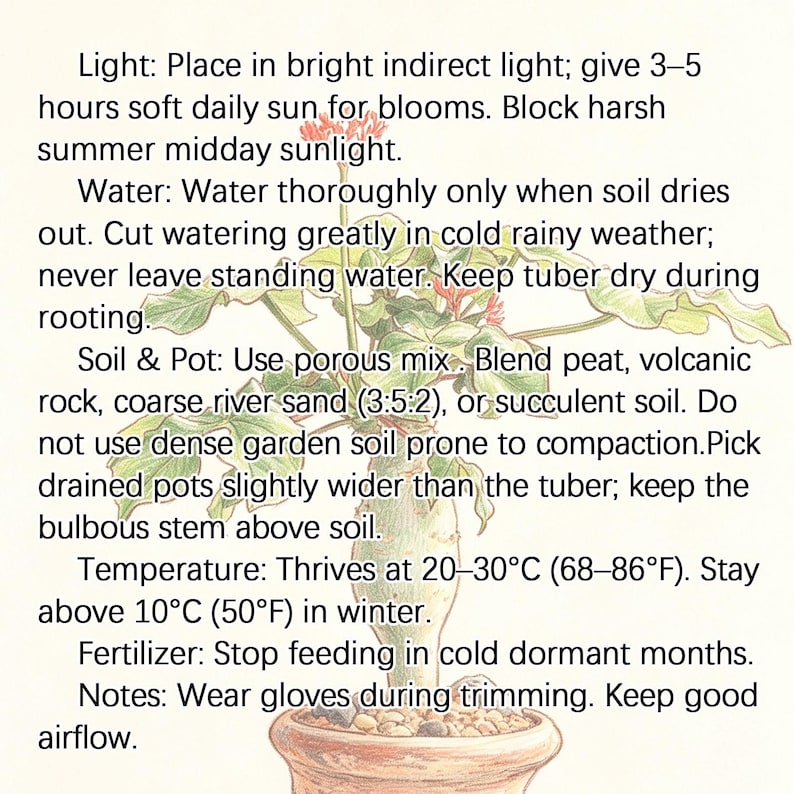 May include: A botanical illustration of a plant with a bulbous stem in a terracotta pot, accompanied by care instructions: Light: Place in bright indirect light; give 3&ndash;5 hours soft daily sun for blooms. Water: Water thoroughly only when soil dries out.