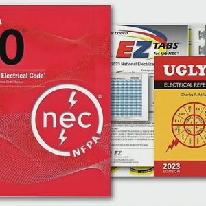 May include: A 2023 NFPA 70 National Electrical Code book with a red cover, a set of EZ Tabs for the NEC, and a 2023 edition of Ugly's Electrical References book featuring a yellow cover with a circular electrical formula diagram and a bulldog icon.