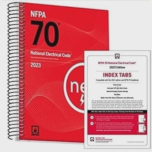 May include: A red spiral-bound NFPA 70 National Electrical Code 2023 edition book with a black wire coil spine, accompanied by a white rectangular sheet of index tabs featuring black text and instructions for application to the code book.