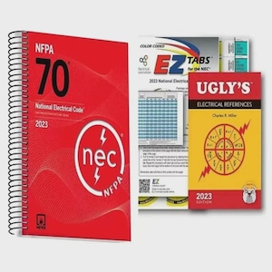 May include: A spiral-bound 2023 NFPA 70 National Electrical Code book with a red cover, a package of color-coded EZ Tabs for the NEC, and a yellow and red Ugly's Electrical References 2023 edition book featuring a circular electrical diagram.
