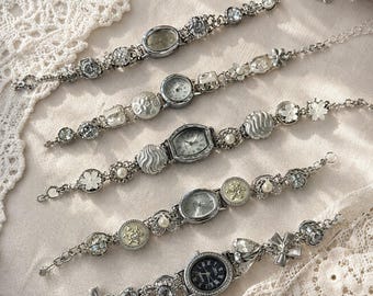 Vintage Charm Watch Bracelet, Y2K Silver Chain Watch, Floral Pendant Wrist Watch, Retro Jewelry Gift For Her, Gothic Style Bracelet