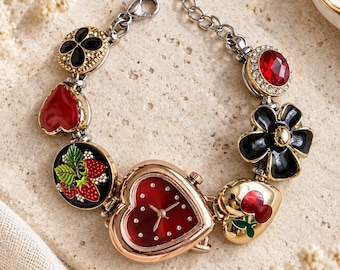 Strawberry Heart Watch Bracelet, Y2K Charm Wristwatch, Red Dial Fruit Jewelry Watch, Statement Bracelet Gift for Her