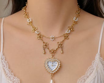 Vintage Pearl Heart Watch Necklace, Gold Y2K Clock Choker, Handmade Charm Jewelry, Retro Layered Chain Necklace,  Gift For Her