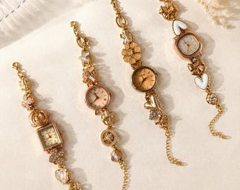 Vintage Charm Watch Bracelet, Y2K Gold Wristwatch, Handmade Floral Gemstone Watch Jewelry, 8 Styles, Unique Gift for Her