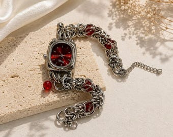 Red Charm Bracelet Watch, Silver Chain Wrist Watch with Pearl & Ruby Red Beads, Vintage Punk Jewelry Gift for Mom Wife