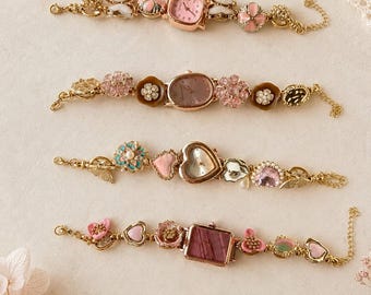 Pink Charm Watch Bracelet, Vintage Style Floral Wristwatch, Y2K Jewelry, 10 Styles