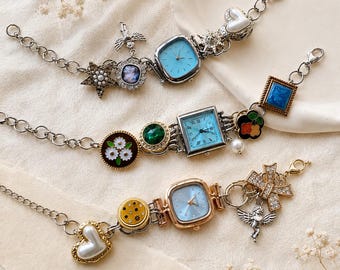 Charm Watch Bracelet, Vintage Y2K Watch Jewelry, Retro Statement Bracelet, Pearl Charm Wristwatch,  Gift For Her