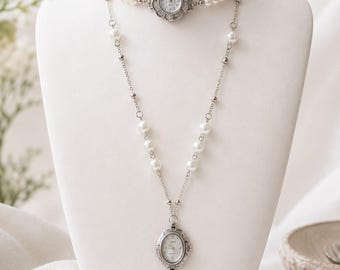 Pearl Watch Necklace, Vintage Watch Choker, Layered Pearl Pendant, Baroque Jewelry, Gift for Her