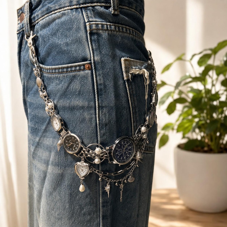 May include: A silver-toned metal chain accessory attached to blue denim jeans, featuring multiple integrated analog watch faces, small white pearl beads, and dangling charms shaped like seashells and small metallic objects.