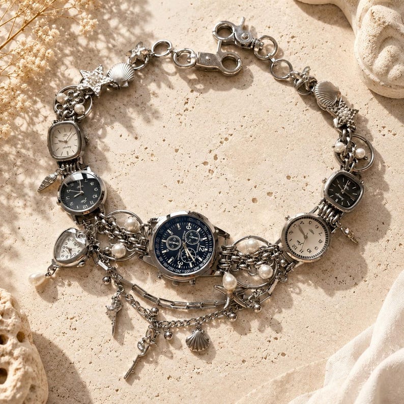 May include: A silver-toned charm bracelet featuring multiple miniature analog watch faces with black and white dials, interspersed with small white pearls, metallic starfish, and seashell charms, connected by a sturdy link chain with a lobster clasp.