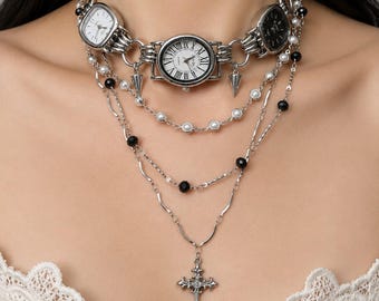 Punk Vintage Silver Black Watch Necklace, 3 Clock Spike Charm Silver Chain Choker, Cross and Pearl Triple Layered Necklace, Y2K Jewelry Gift