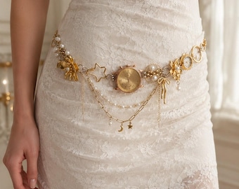 Vintage-Inspired Y2K Watch Waist Belt, Gold Pearl Pants Chain, Celestial Charm Chain，Christmas Gift
