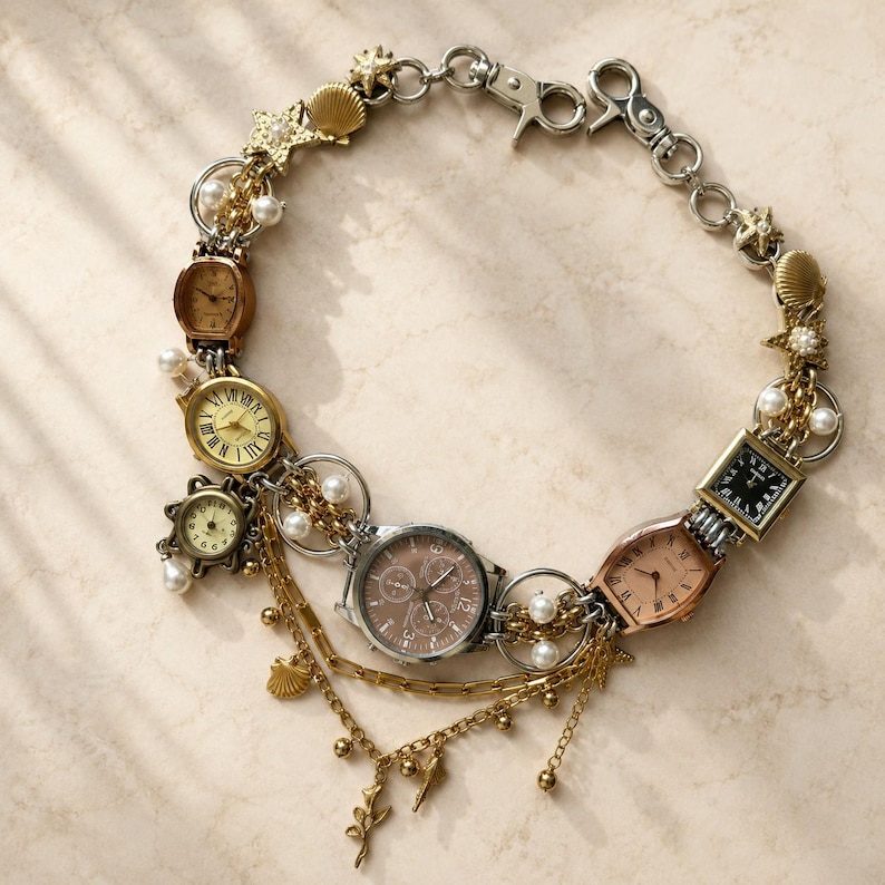 May include: A decorative chain necklace featuring multiple vintage-style watch faces in gold, silver, and rose gold tones, interspersed with white faux pearls, gold-toned starfish charms, and seashell accents, finished with a silver-toned lobster clasp.
