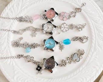Charm Watch Bracelet, Titanium Steel Star & Flower Design, Y2K Ladies Wristwatch