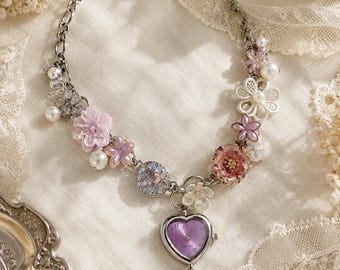 Floral Heart Watch Necklace, Y2K Pearl Charm Choker, Pastel Statement Jewelry Gift