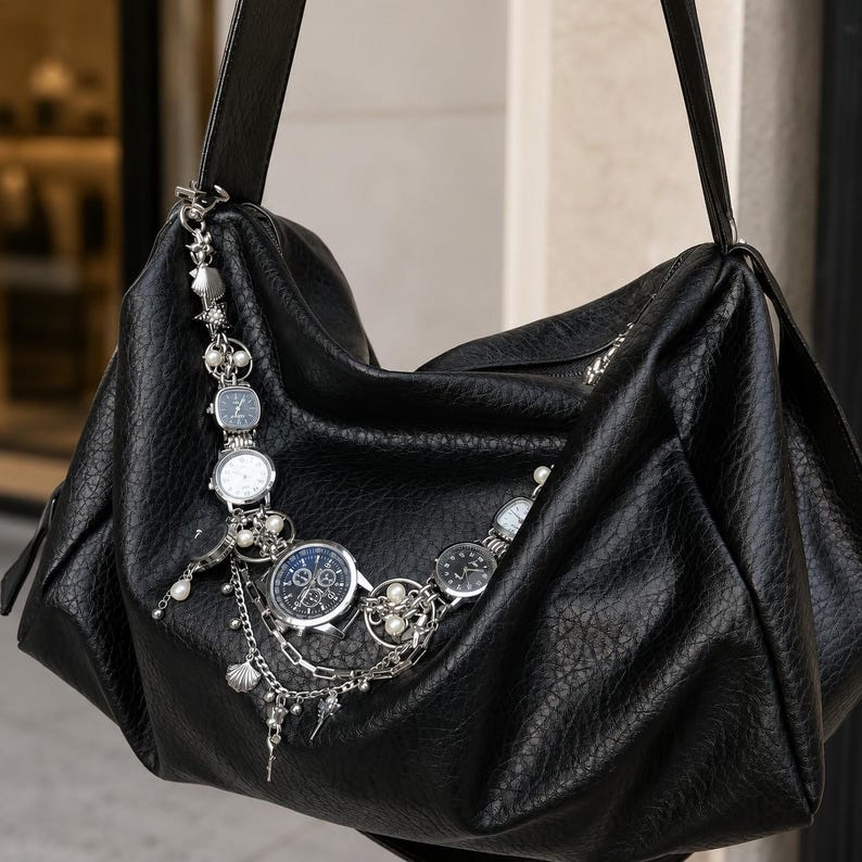 May include: A black hobo bag with a textured surface and a long shoulder strap. The bag is adorned with a silver-toned chain accessory featuring multiple small analog wristwatches, white faux pearls, and small metallic seashell charms.