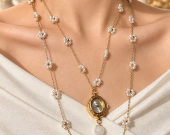 Handmade Pearl Flower Watch Necklace, Layered Gold Timepiece Pendant, Vintage Y2K Coquette Jewelry