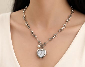 Silver Heart Watch Pendant Necklace, Retro Timepiece Jewelry, Titanium Steel Y2K Chain Necklace, Punk Vintage Clock Charm Gift For Her